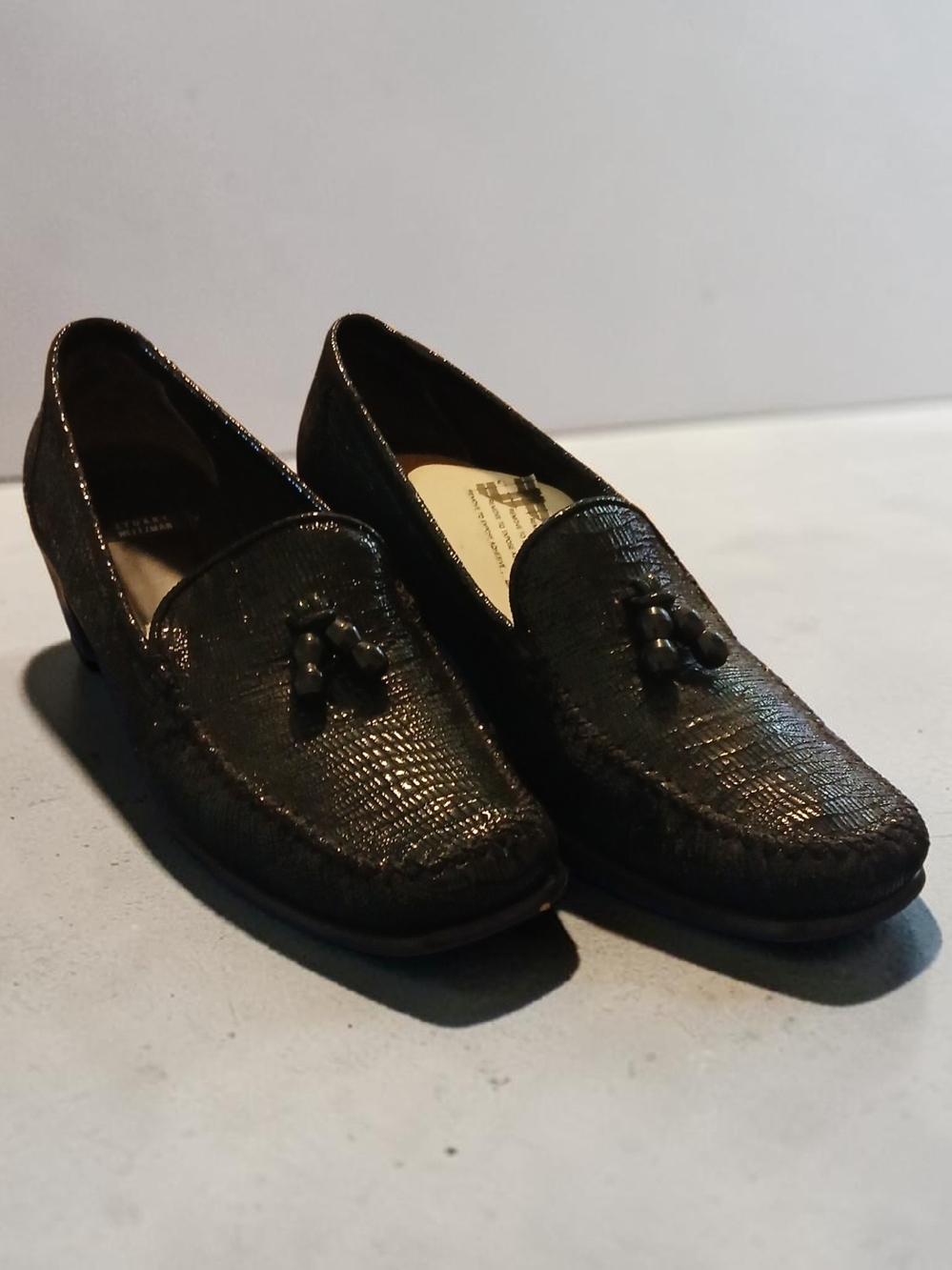 Vintage 90's Stuart Weitzman Black Textured Tassel Loafers